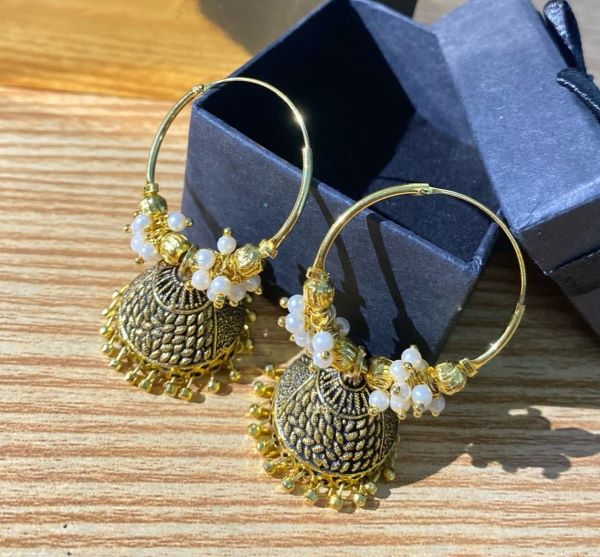 Traditional Gold Hoop Jhumka Earrings with Pearl Beads