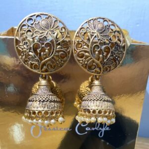 oxidized Golden Floral Pearl Jhumka Earrings for Women