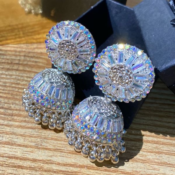 Silver Crystal Jhumka Earrings - Image 2