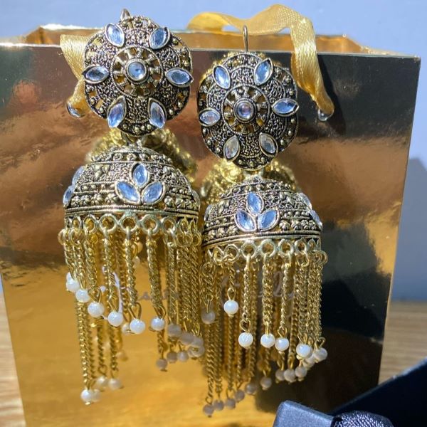 Luxury Oxidized Gold Tassel Jhumka Earrings with Pearl Drops