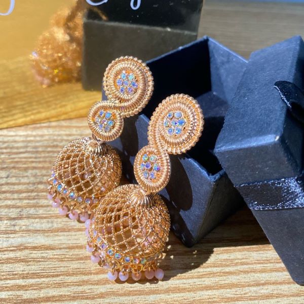 Luxury Rose Gold Jhumka Earrings with Pink Pearl Drops - Image 2