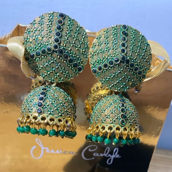 Emerald Green Textured Jhumka Earrings - Image 2