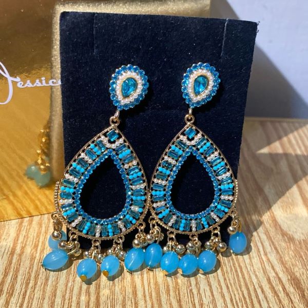 Turquoise Blue Crystal Drop Earrings - Image 2