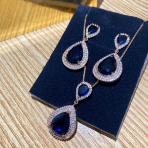 Luxury Blue Teardrop Crystal Jewelry Set – Rose Gold Tone Necklace & Earrings Set