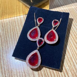 Luxury Red Teardrop Crystal Jewelry Set – Rose Gold Tone Necklace & Earrings Set