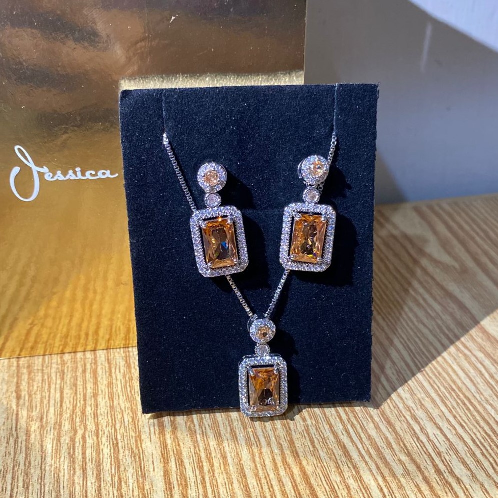 Champagne Emerald Cut Crystal Jewelry Set – Silver Tone Necklace & Earrings Set