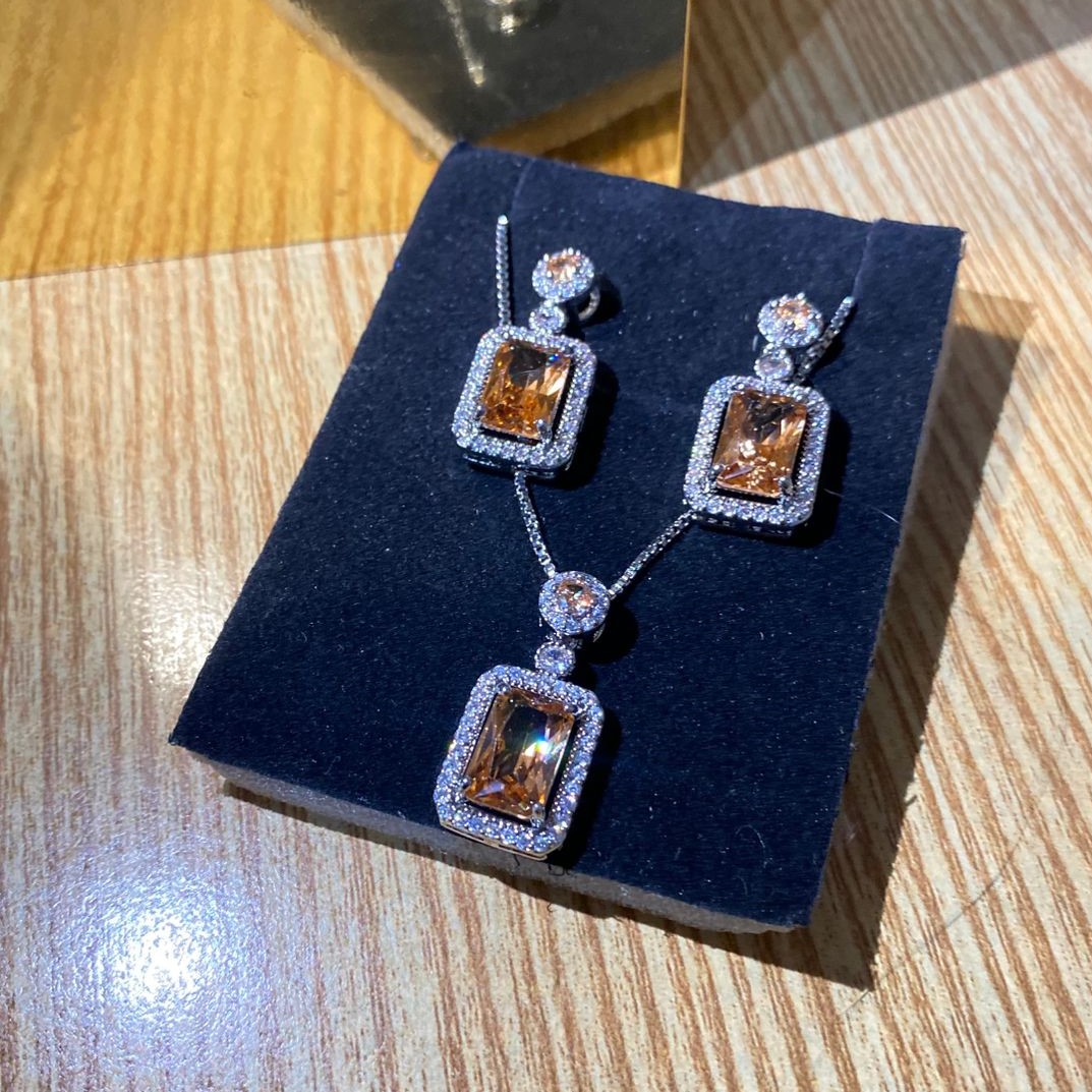 Champagne Emerald Cut Crystal Jewelry Set – Silver Tone Necklace & Earrings Set - Image 2