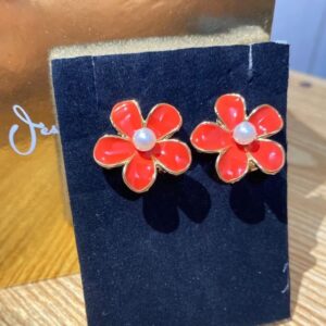 Red Enamel Floral Stud Earrings with Pearl Center