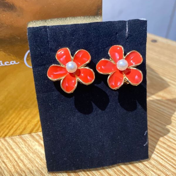 Red Enamel Floral Stud Earrings with Pearl Center - Image 2