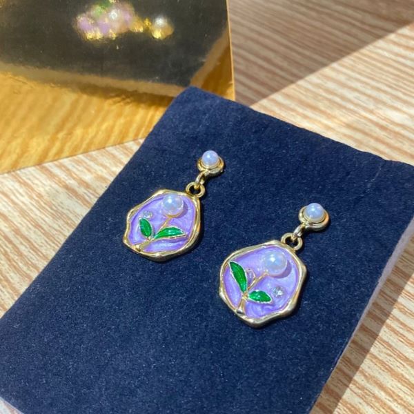 Lavender Floral Enamel Drop Earrings with Pearl Accents - Image 2