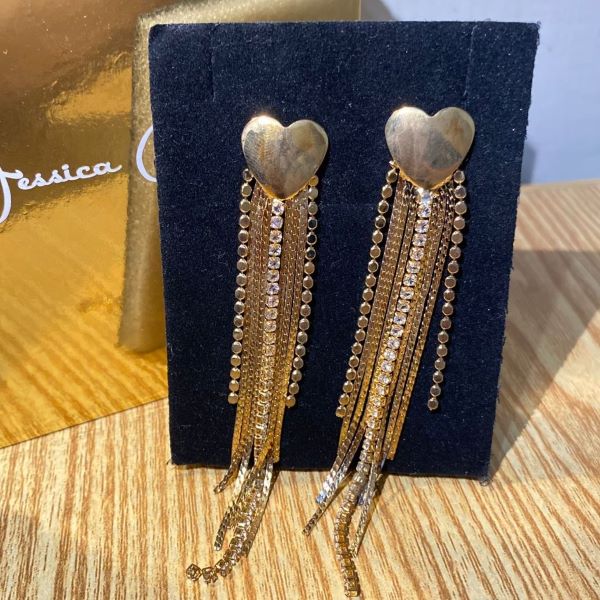 Gold Heart Tassel Drop Earrings with Crystal Chains