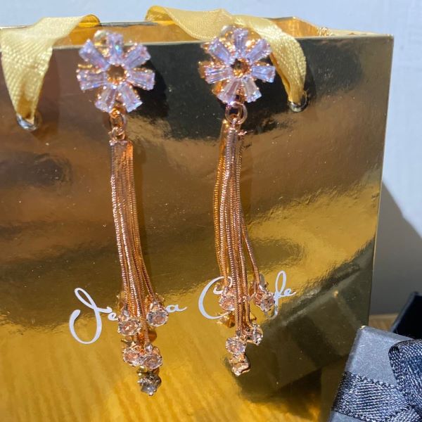 Rose Gold Crystal Floral Tassel Drop Earrings