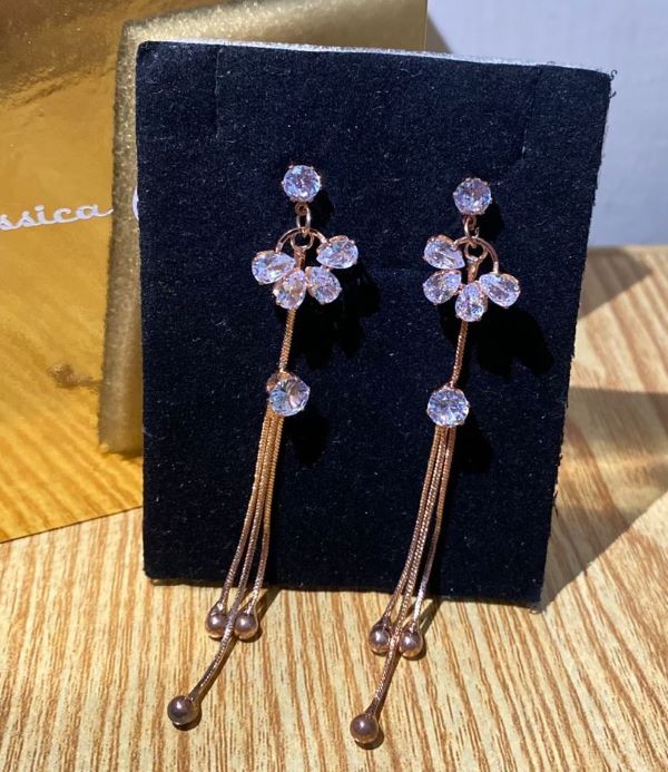 Rose Gold Crystal Flower Tassel Drop Earrings - Image 2