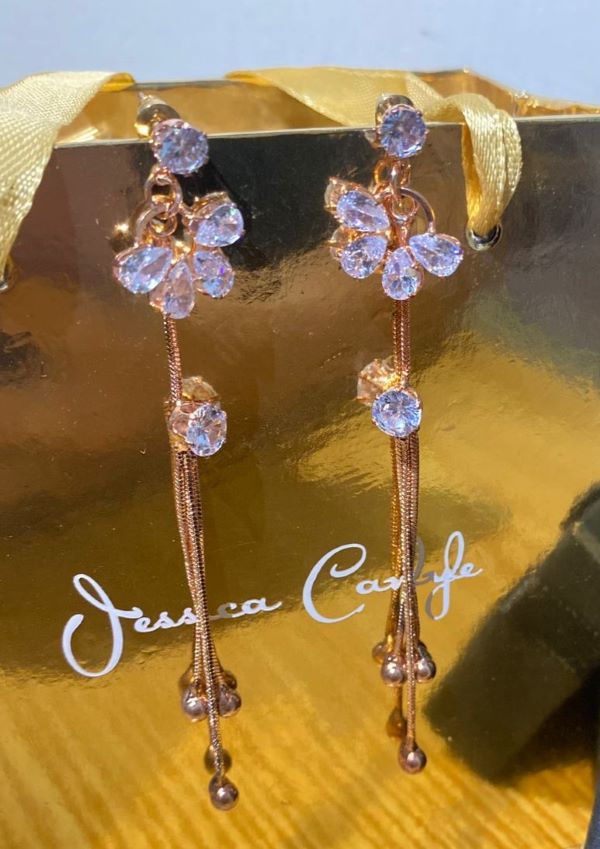 Rose Gold Crystal Flower Tassel Drop Earrings