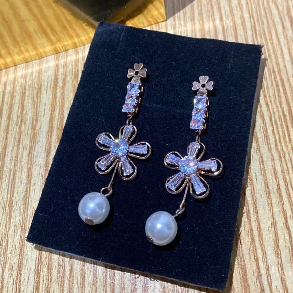 Rose Gold Crystal Flower Drop Earrings with Pearl Charm - Image 2