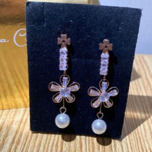 Rose Gold Crystal Flower Drop Earrings with Pearl Charm