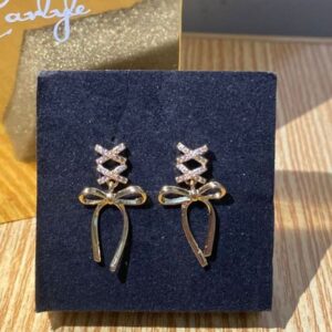 Gold Bow Knot Drop Earrings with Crystal Accents