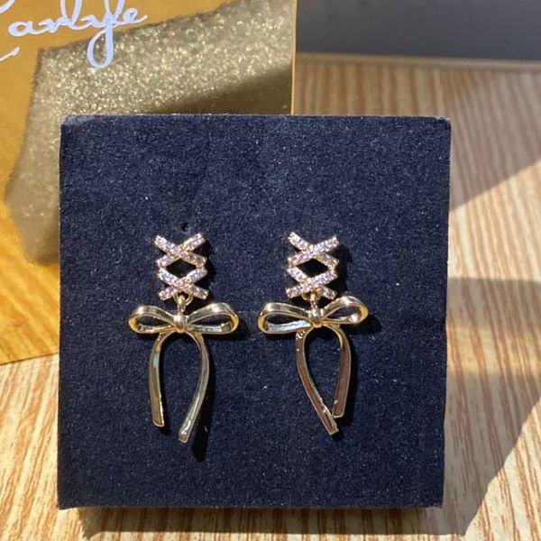 Gold Bow Knot Drop Earrings with Crystal Accents