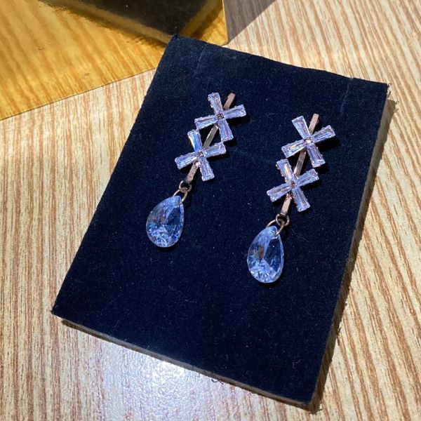 Gold Crystal Cross Drop Earrings with Teardrop Pendant