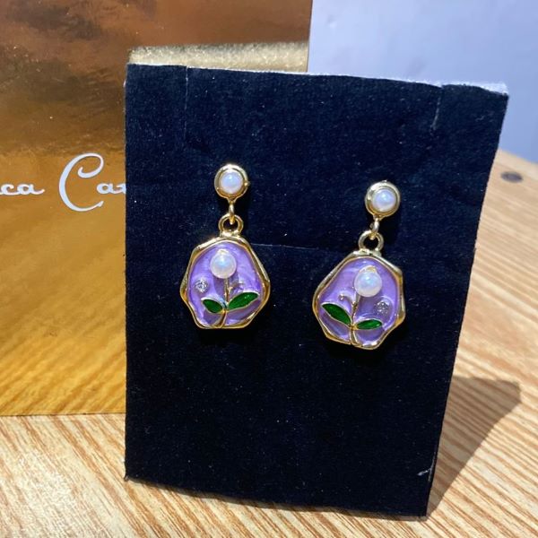 Lavender Floral Enamel Drop Earrings with Pearl Accents