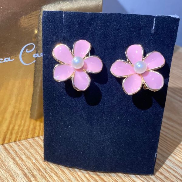 Cute Pink Floral Pearl Stud Earrings - Image 2