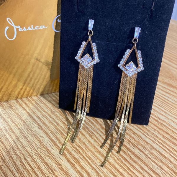 Gold Geometric Crystal Tassel Drop Earrings