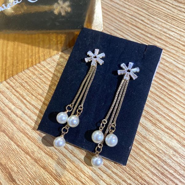 Gold Crystal Flower Tassel Earrings with Pearl Drops - Image 2