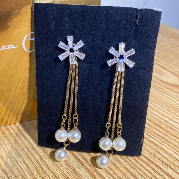 Gold Crystal Flower Tassel Earrings with Pearl Drops