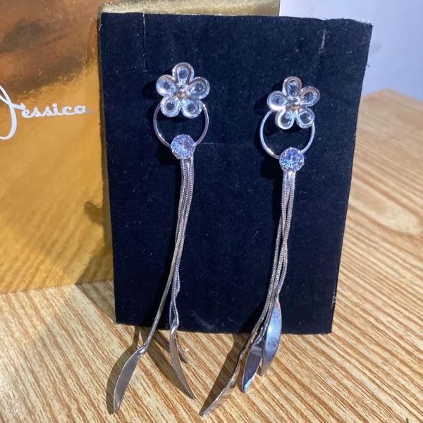 Silver Floral Tassel Drop Earrings with Crystal Accents - Image 2