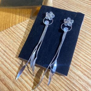 Silver Floral Tassel Drop Earrings with Crystal Accents