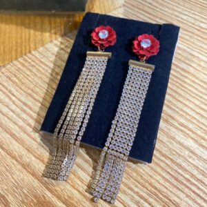 Red Floral Crystal Tassel Statement Earrings