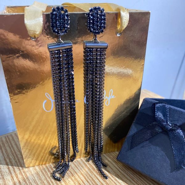 Black Crystal Tassel Statement Earrings - Image 2