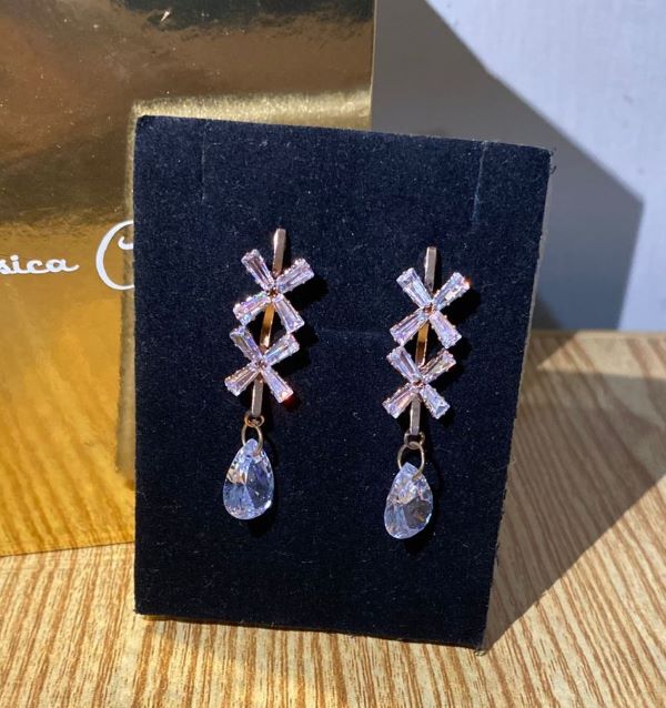 Gold Crystal Cross Drop Earrings with Teardrop Pendant - Image 2