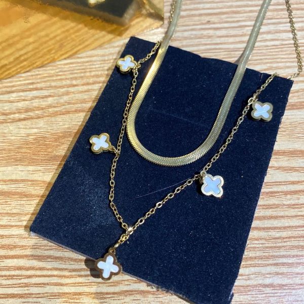 Elegant Clover Charm Layered Necklace – Gold Tone Double Layer Necklace - Image 2