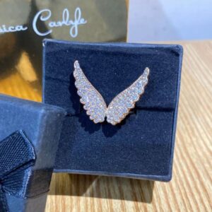 Elegant Angel Wings Silver Crystal Ring – Rose Gold Tone