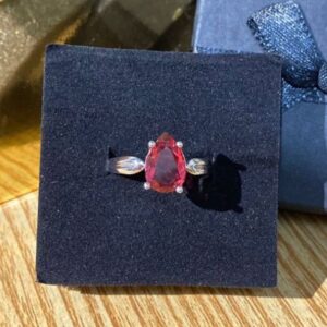 Elegant Pear Cut Red Crystal Solitaire Ring – Silver Tone