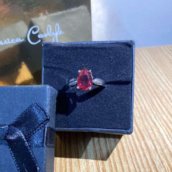 Elegant Pear Cut Red Crystal Solitaire Ring – Silver Tone - Image 2