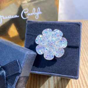 Elegant Floral Crystal Statement Ring – Silver Tone