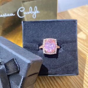 Elegant Pink Cushion Cut Crystal Halo Ring – Rose Gold Tone