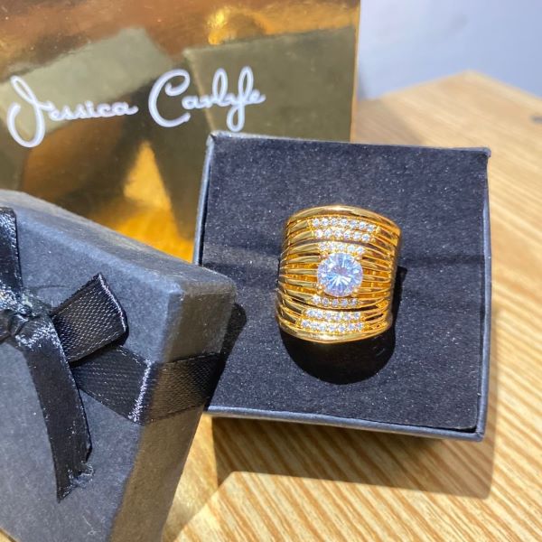Luxury Round Crystal Wide Band Ring – Gold Tone
