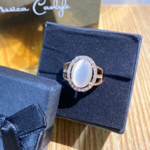 Elegant Oval Opal Look Crystal Halo Ring – Rose Gold Tone Fashion Ring